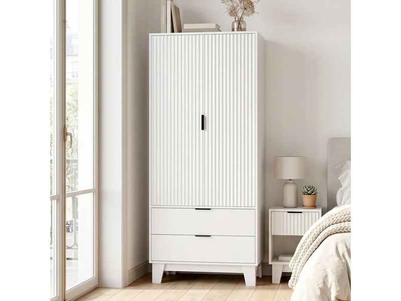  Armoire penderie florinine 2 portes cannelées 2 tiroirs blanc  - Conforama B