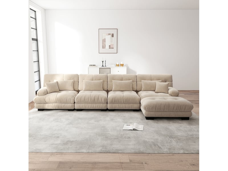 Canapé d’angle modulable 4 places en chenille café clair avec ottomans mobiles - Conforama C