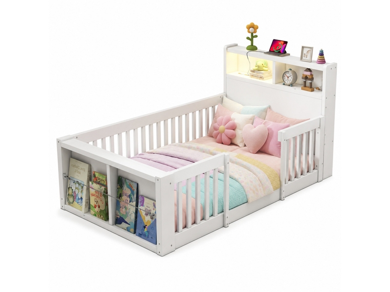  Lit enfant 90 × 190 cm 1 place avec barrières hautes, usb, veilleuse et rangement, sans matelas, en bois blanc  - Conforama A