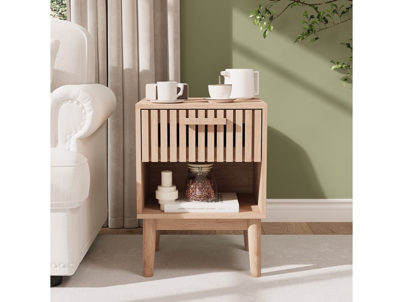  Lot de 2 tables de chevet, 40x35x55 cm, avec 1 tiroir et compartiment ouvert, pieds en bois massif, style scandinave, couleur chêne  - Conforama D