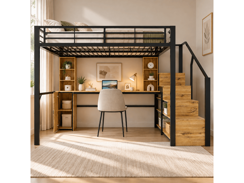 Lit mezzanine 140 x 200 cm avec bureau intégré, armoire, étagères, escalier de rangement et port usb, métal et bois - noir OMNIGLINT TRADING LTD - Conforama C