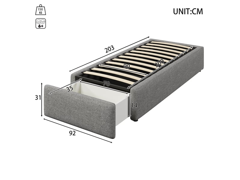  Sommier coffre simple  90x200 cm avec tiroir coloris gris  - Conforama C