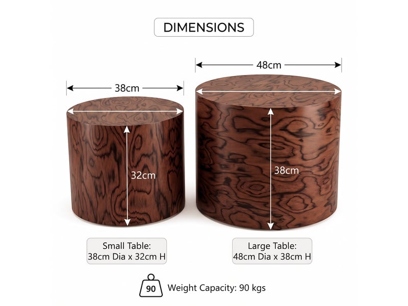  Tables basses gigognes ulevr rondes 2 pièces, mdf à veinage bois brun foncé, ø 4838 cm, sans montage  - Conforama C