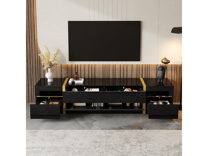 Meuble tv, finition brillante, bordures dorées, avec tiroirs et portes, noir - Conforama B