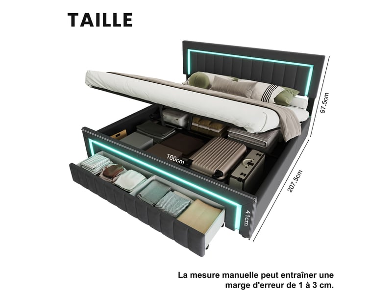  Lit coffre rembourré 160x200 avec led, tiroirs et rangement cravdom  - Conforama E