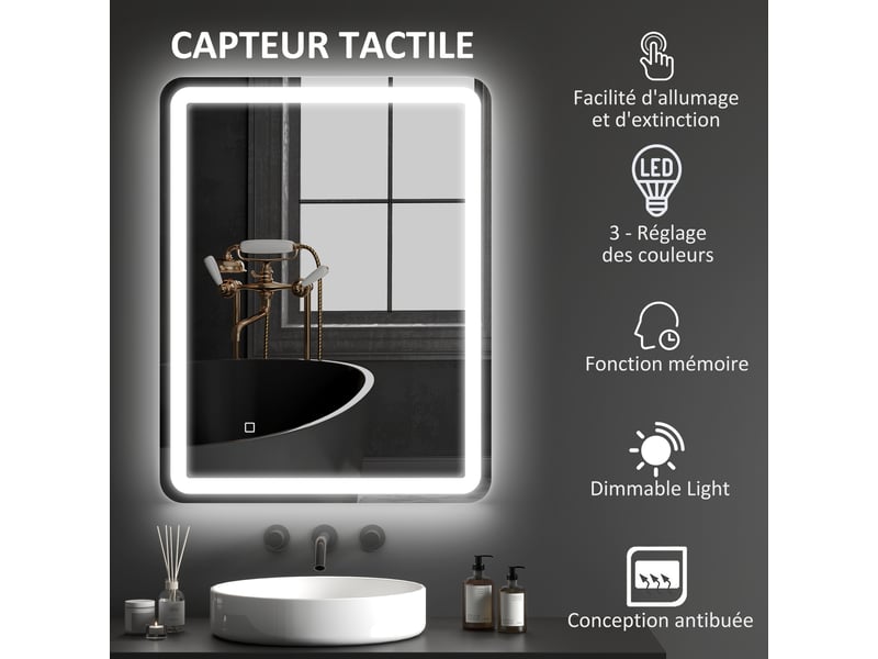  Miroir salle de bain rectangulaire led anti-buée luminosité réglable mémoire 70x90 cm argent  - Conforama D