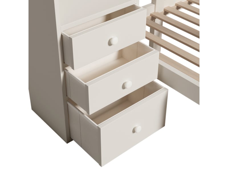 Lit superposé 90x200 cm, lit enfant avec veilleuse led, rangements, étagère et 3 tiroirs, blanc, sans matelas - Conforama E