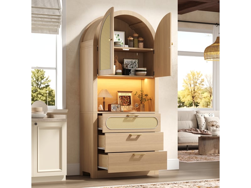 Buffet haut arqué 80x35x180 cm meuble de rangement avec 2 portes effet cannage, niche led multicolore, 3 tiroirs, mdf,pb, effet chêne clair - Conforama E