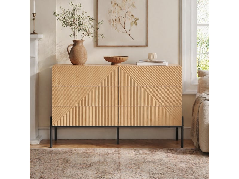  Buffet bas 6 tiroirs – mdf naturel à relief géométrique – 115,5 x 38 x 75 cm  - Conforama B