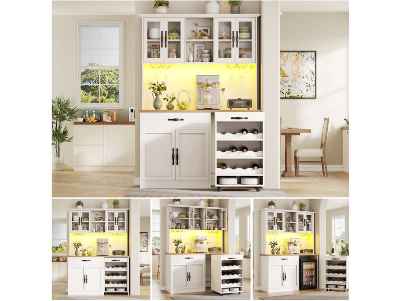  Buffet de cuisine 140x38x180 cm avec chariot amovible, led et charge, pour cuisine, meuble de cuisine, en mdf, blanc  - Conforama E