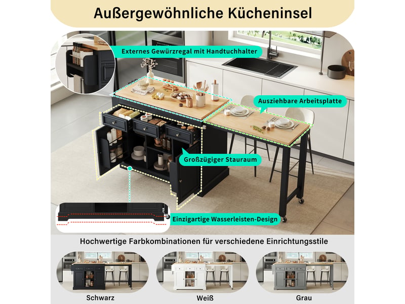  Îlot de cuisine sur roulettes avec plateau extensible noir et naturel KL000016AAB - Conforama D
