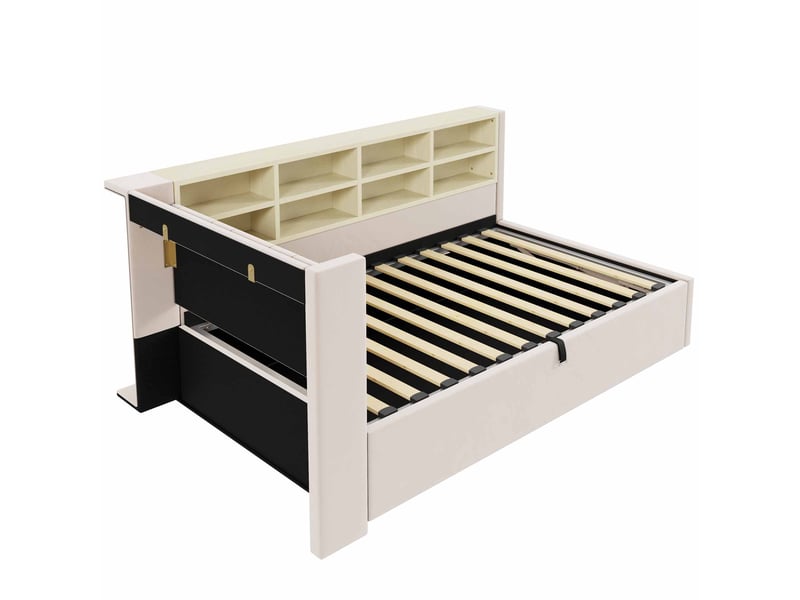  Canapé-lit avec rangement 90 x 200 cm – avec éclairage – avec ports de charge usb et type-c – avec compartiments de rangement – ​​beige (matelas non inclus)  - Conforama R