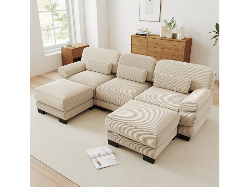  Canapé modulable tcqpz 3 places en u avec 2 poufs 265 x 161 x 94 cm velours côtelé beige  - Conforama E