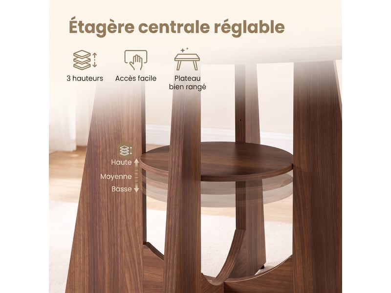  Table à manger ronde avec pied central et étagère, 120 x 120 x 75 cm, marron noyer  - Conforama E