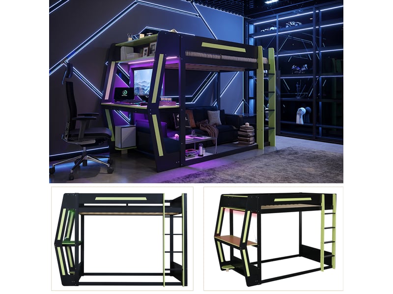 Lit mezzanine gaming 120x200 avec bureau et led evryae - Conforama D