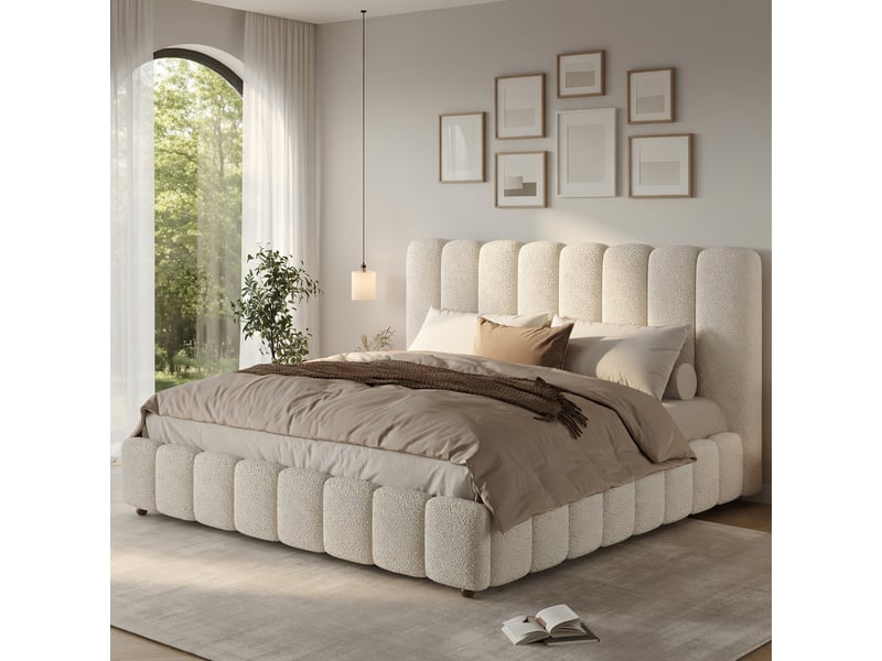  Lit pour adulte 180 × 200 cm, avec sommier et tête de lit, tissu bouclé, blanc  - Conforama D