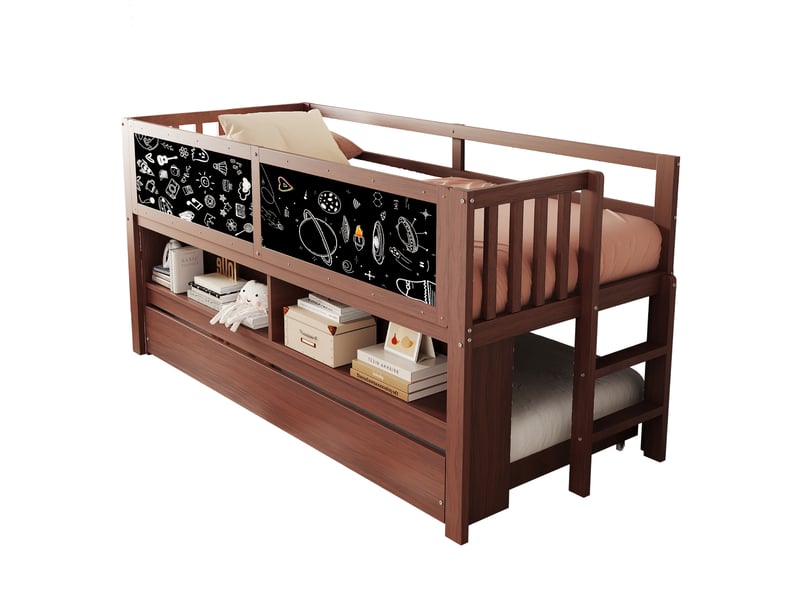  Lit enfant 90x200 cm avec échelle d'escalade, lit superposé en bois massif avec tableau noir, lit simple enfant, marron  - Conforama W