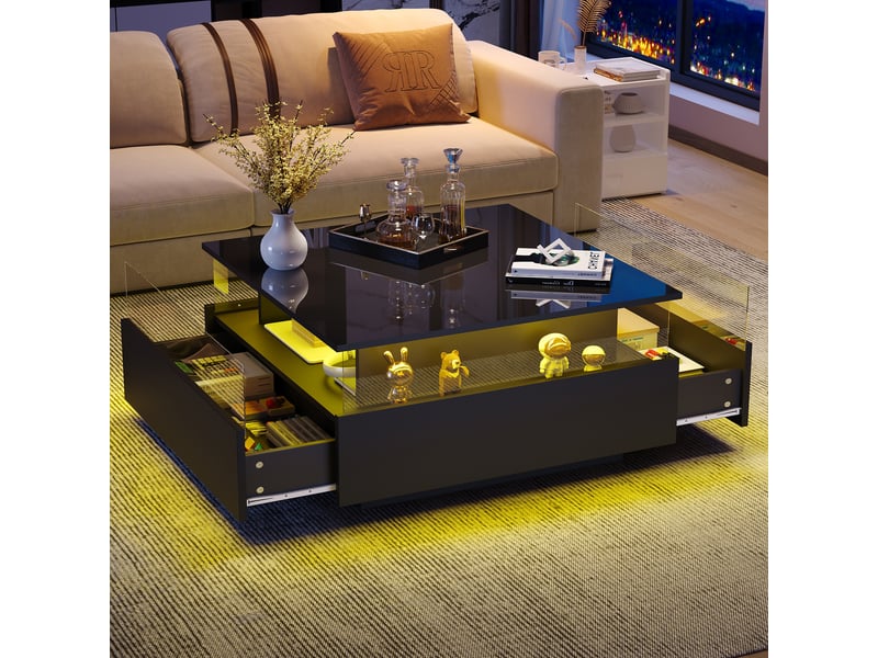 Table basse noire brillante carrée 70x70 cm avec led contrôlable par application, 2 tiroirs et vitrine acrylique - Conforama W
