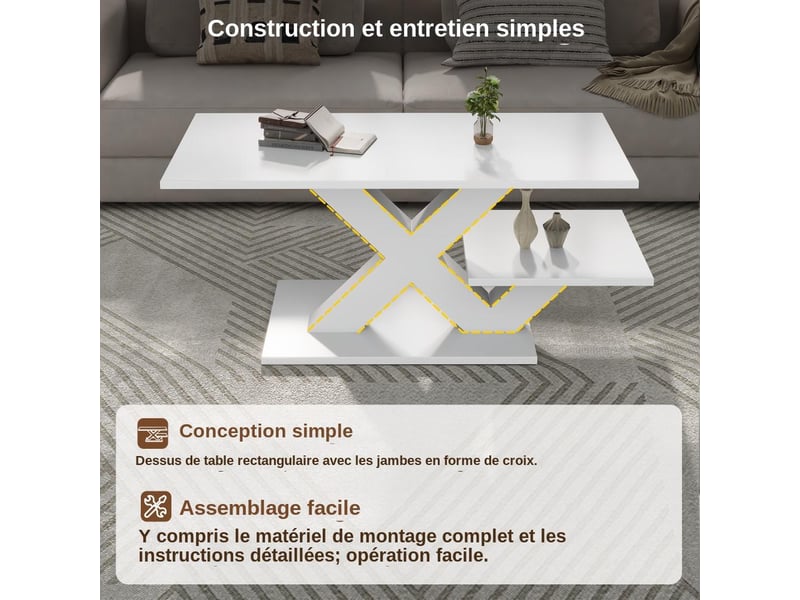  Table basse 100x48x45 cm blanc brillant mdf double plateau pieds en x pour salon  - Conforama D