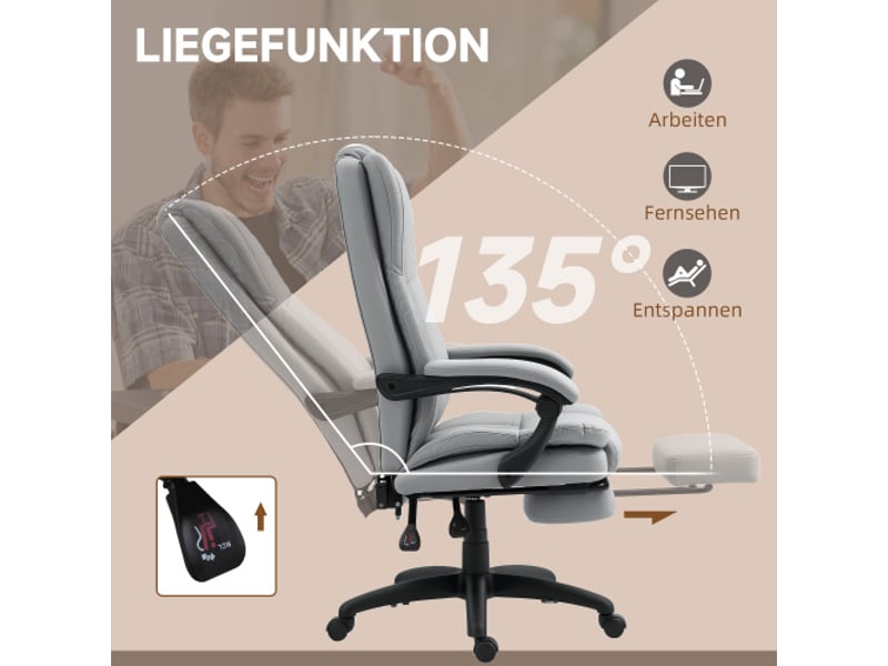  Chaise de bureau massante inclinable, similicuir gris clair, repose-pieds, télécommande, réglable en hauteur  - Conforama D