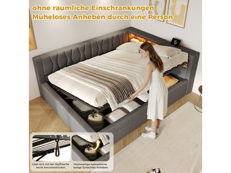  Lit banquette 140x200cm, gris, sans matelas, relevage hydraulique, pour chambre moderne et pratique  - Conforama E