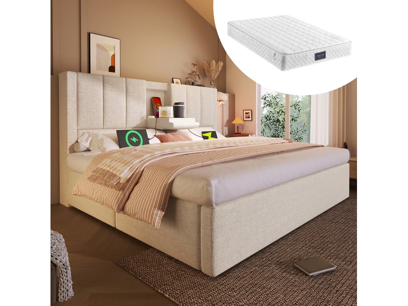  Lit coffre 160x200 avec matelas, recharge usb et porte-gobelets intégrés evryae  - Conforama C