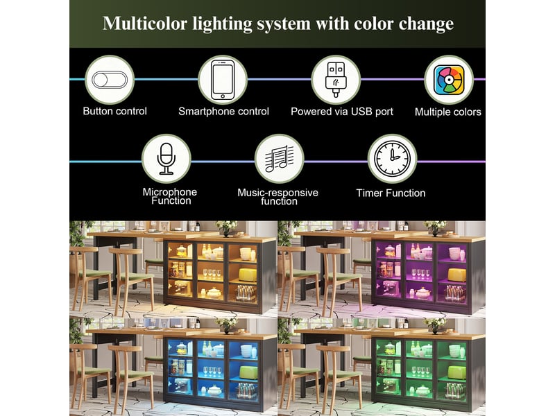  Table extensible avec rangement, plateaux pivotants à 360 degrés, éclairage multicolore, 120-197 × 40 × 72 cm  - Conforama E