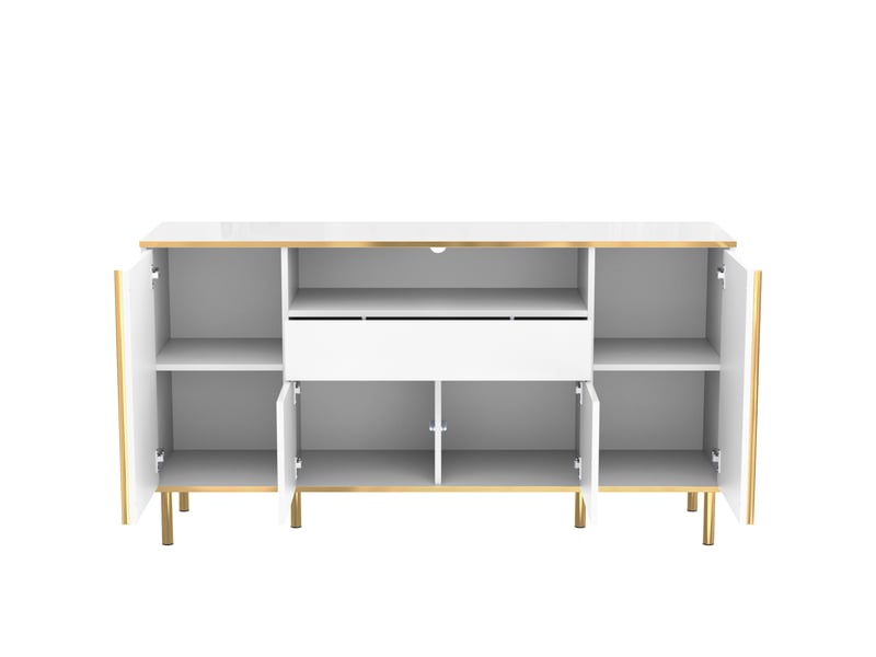  Buffet bas 150 x 40 x 80 cm blanc brillant en mdf et panneau de particules, 4 portes, 1 tiroir, led intégrée  - Conforama D