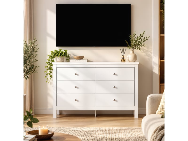  Commode 6 tiroirs sur pieds poignées boutons métal blanc  - Conforama B