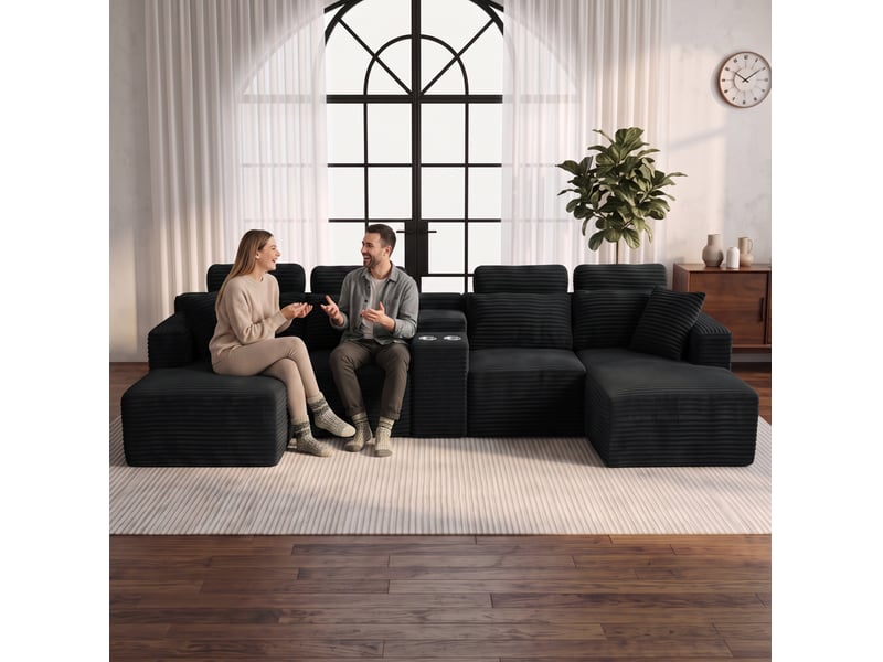  Canapé d’angle modulaire en u 373x151x81 cm compressé, porte-gobelets, mousse,  velours côtelé couleur noir  - Conforama E