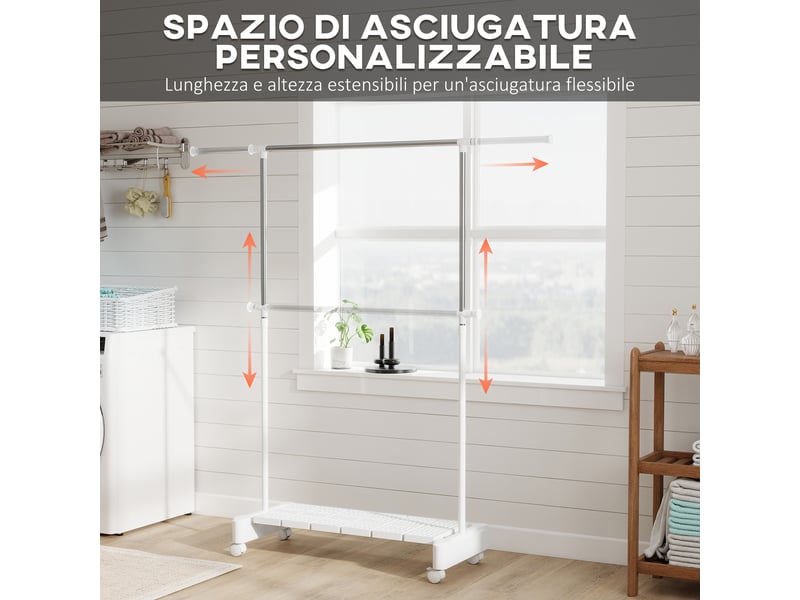  Étendoir à linge extensible avec roulettes et frein, étagère à chaussures et structure en acier inoxydable, blanc  - Conforama D