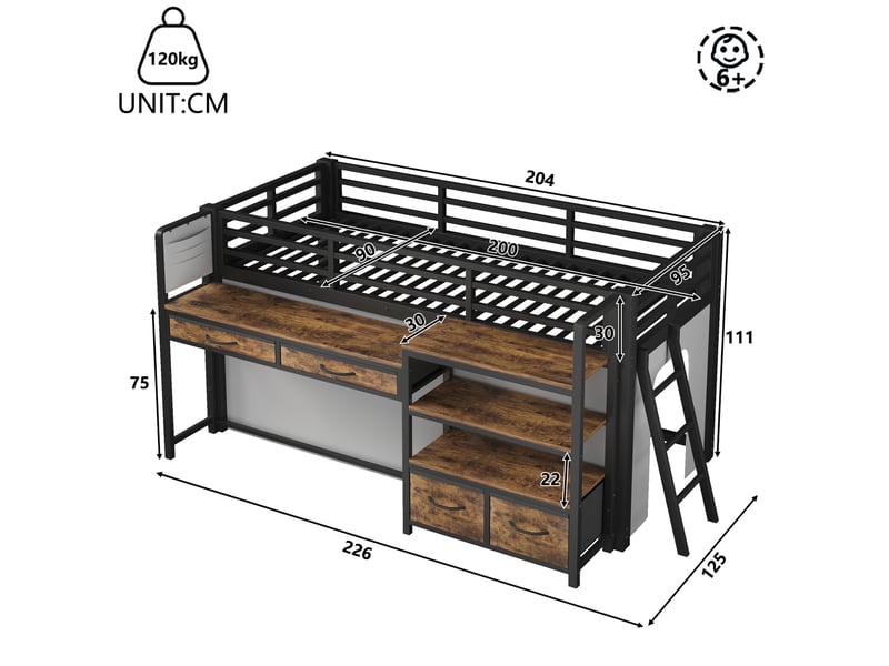 Lit mezzanine 90x200 cm avec bureau, rangements et éclairage led en métal - Conforama E