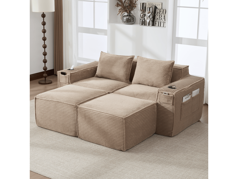  Canapé modulaire 2 places avec 2 poufs et porte-gobelets - lpospi - poches latérales, velours côtelé kaki  - Conforama B