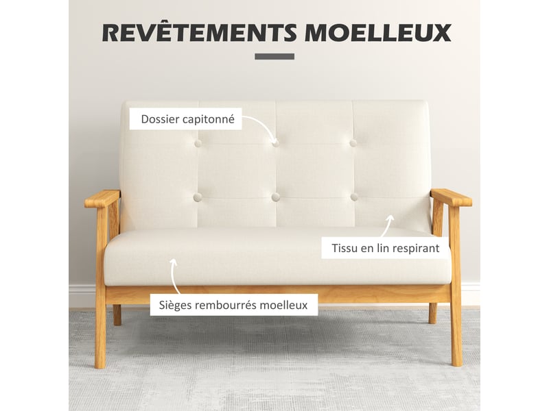  Canapé 2 places 115 cm canapé scandinave avec dossier capitonné, beige, assise rembourrée et accoudoirs  - Conforama A