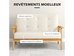 Canapé 2 places 115 cm canapé scandinave avec dossier capitonné, beige, assise rembourrée et accoudoirs