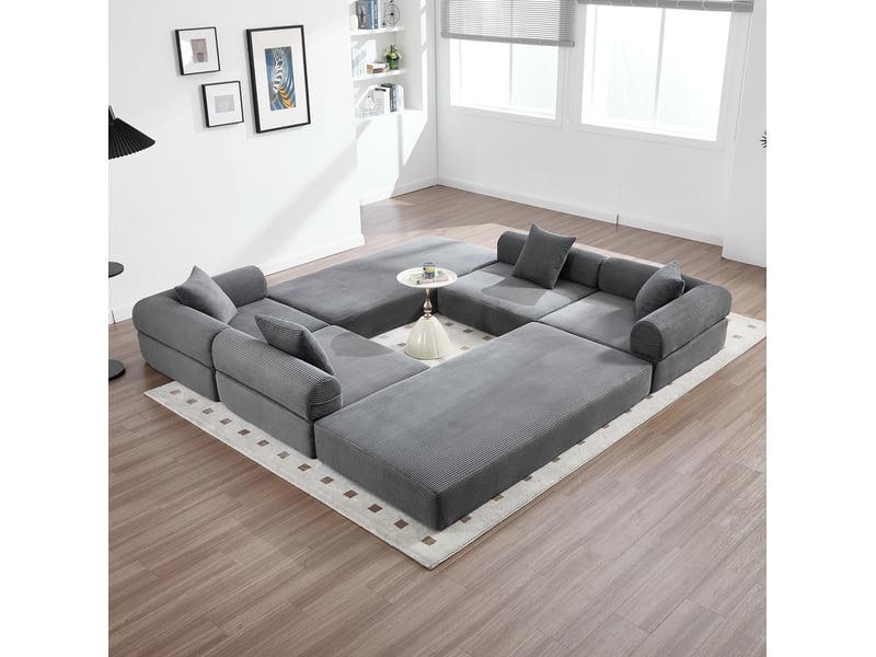  Canapé modulaire 4 places avec couchage d'appoint et poche latérale en velours côtelé gris foncé, 270 × 180 × 64 cm  - Conforama B