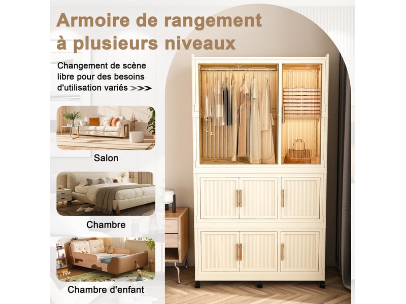  Armoire modulaire pliable à 9 portes magnétiques, penderie et 8 niches sur roulettes pour chambre, polypropylène crème  - Conforama E