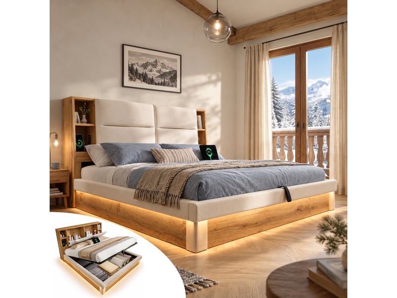  Lit coffre 160x200 avec sommier à lattes, led et usb, lin beige et effet bois  - Conforama B