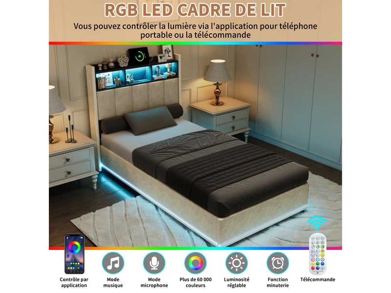  Lit 90x200cm  -  lit coffre 90x200cm  avec led - tête de lit avec rangement et éclairage - velours - beige - sans matelas  - Conforama D
