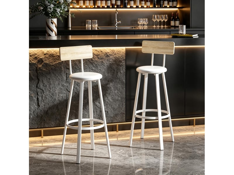 Lot de 2 tabourets de bar avec dossier et repose-pieds, assise à 75,5 cm, blanc et bois naturel - Conforama C