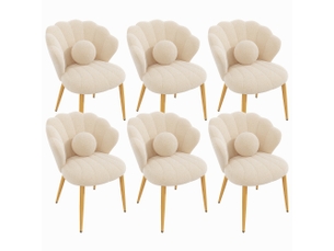 Lot de 6 fauteuils - 60x62.5x83 cm - tissu bouclé - assise rembourrée - dossier coquillage - pieds en métal - moderne - beige
