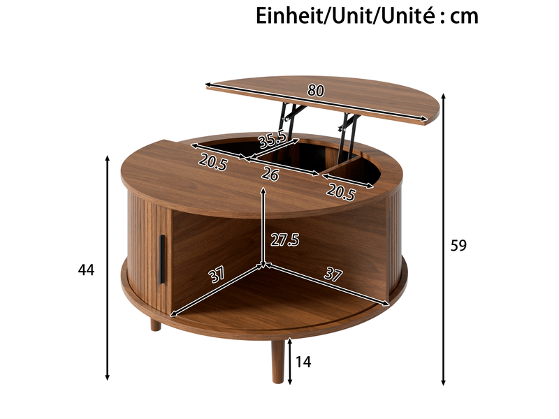 Table basse ronde 80x80 cm relevable avec rangement, coloris noyer  - Conforama C