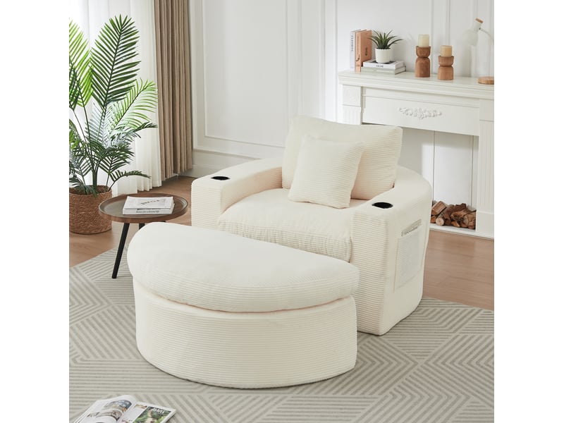  Fauteuil lounge modenvie avec repose-pieds modulable velours côtelé beige  - Conforama B
