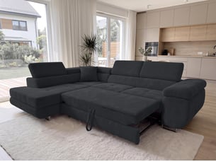 Canapé d'angle gauche convertible <strong>AX LIVING </strong> <strong>Konak</strong> 5 places Velours côtelé noir avec coffre de rangement