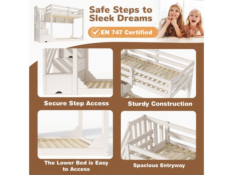 Lit superposé enfant 90 x 200 cm, escalier de rangement, 2 tiroirs, blanc - Conforama E