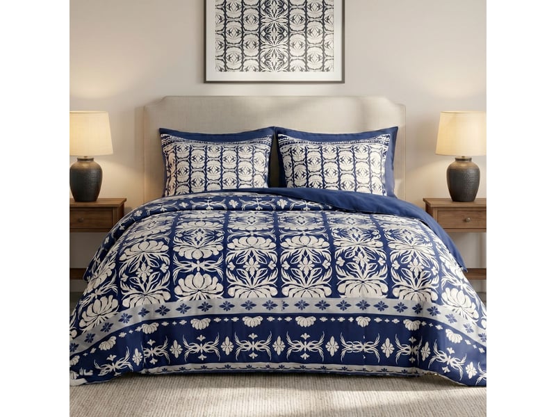  Parure housse de couette 260x240cm + 2 taies motif fleurs bleu et blanc 100% coton - lizio LIZIO - Conforama A