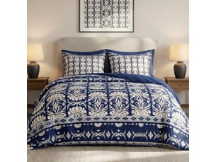 Parure housse de couette 260x240cm + 2 taies motif fleurs bleu et blanc 100% coton - lizio