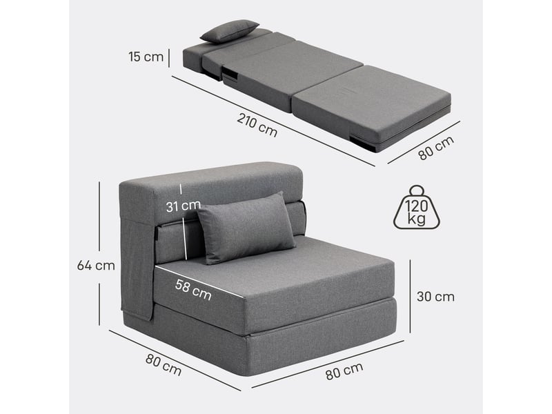  Fauteuil convertible 1 place fauteuil lit pliant, coussin inclus, pour invités, salon, petit espace, gris, charge 120 kg  - Conforama C