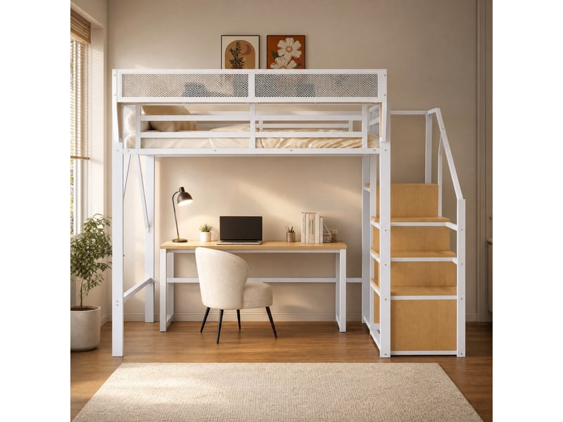 Lit mezzanine 140x200 cm avec échelle de sécurité et rangement modulable blanc  - Conforama D