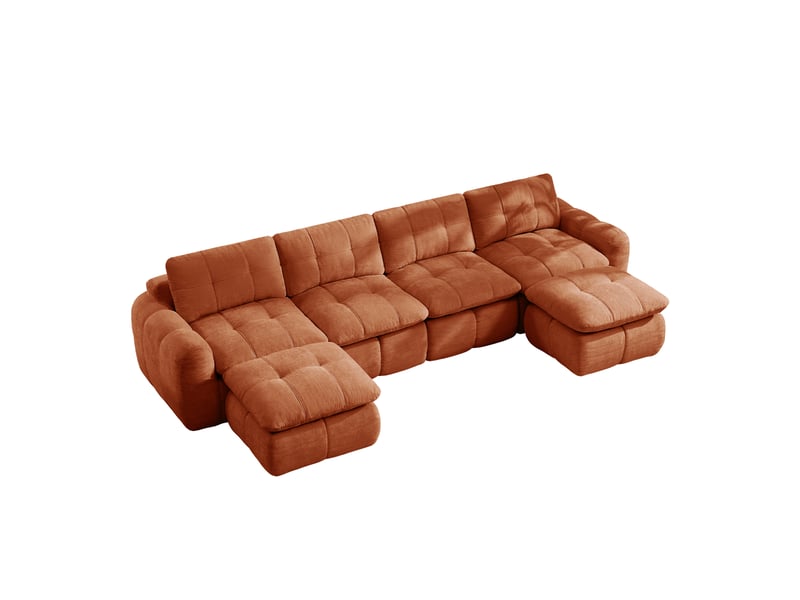 Canapé modulable en u 4 places orange avec deux poufs, revêtement chenille, assises larges et profondes, pour salon - Conforama C